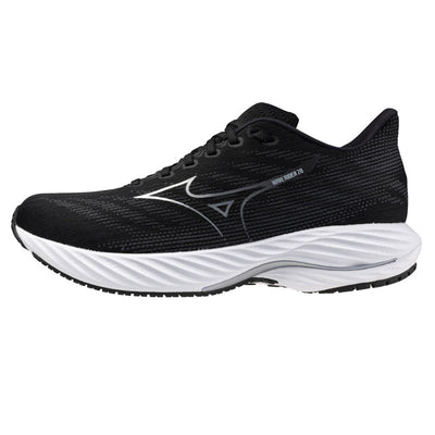 Mizuno Mens Wave Rider 28 Running Shoe Black/Silver/White / 13