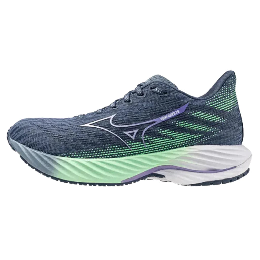 Mizuno Womens Wave Rider 28 Running Shoe Citadel/White/Neon Mint / 5