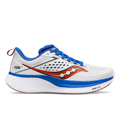 Saucony Mens Ride 17 Running Shoe White/Cobalt / 8.5