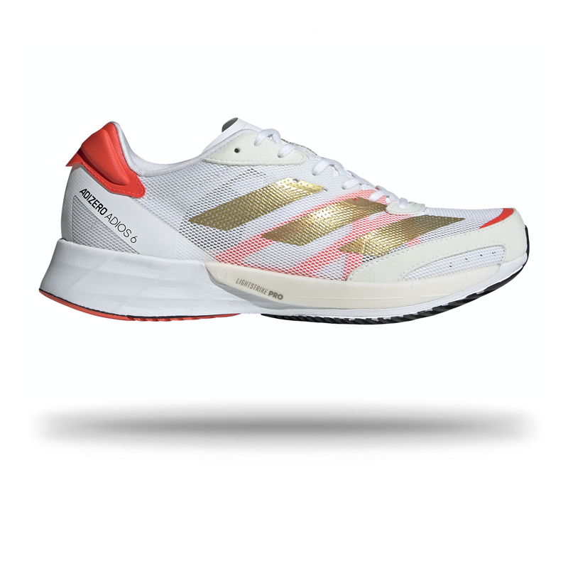 Adidas Women's Adizero Adios 6 Running Shoe | White Cloud White/Metallic Gold/Solar Red / 4.5