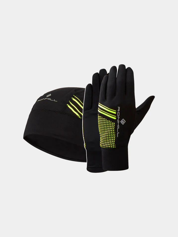 Ronhill Beanie and Glove Set S/M / Black/Fluo Yellow